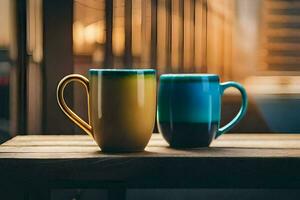 two coffee mugs on a wooden table. AI-Generated photo