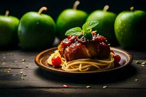 a plate with spaghetti and meatballs on a wooden table. AI-Generated photo