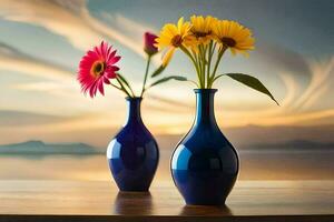 two blue vases with flowers on a table. AI-Generated photo