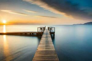 a long exposure photograph of a dock at sunset. AI-Generated photo