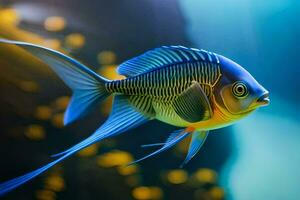 un azul y amarillo pescado nadando en un acuario. generado por ai foto