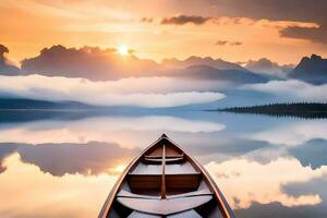 a boat on a lake at sunset with mountains in the background. AI-Generated photo