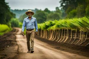 un hombre en un sombrero camina abajo un suciedad la carretera. generado por ai foto