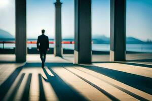 a man walking in front of pillars in a building. AI-Generated photo