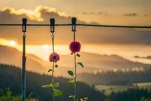photo wallpaper the sky, flowers, mountains, sunset, the sun, flowers, flowers on a. AI-Generated