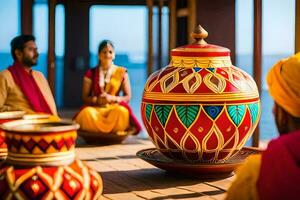 a couple in traditional indian clothing sitting in front of a large pot. AI-Generated photo