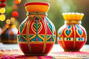 two colorful vases sitting on a table with colorful decorations. AI-Generated photo