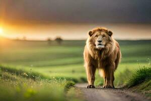 un león caminando en un suciedad la carretera a puesta de sol. generado por ai foto