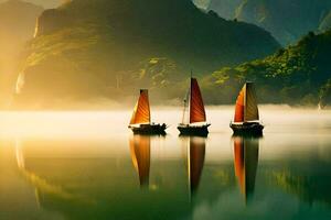 three boats are floating in the water near mountains. AI-Generated photo