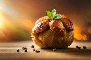 a pastry with meat and spices on a wooden table. AI-Generated photo