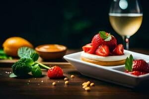 a dessert with strawberries and cream on a plate. AI-Generated photo