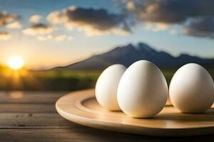 eggs on a plate with mountains in the background. AI-Generated photo