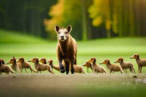 a small brown bear is walking with a group of small dogs. AI-Generated photo