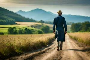 a man in a hat and coat walking down a dirt road. AI-Generated photo