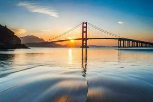 el dorado portón puente a puesta de sol. generado por ai foto