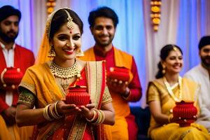 a woman in a red sari holding a red pot. AI-Generated photo