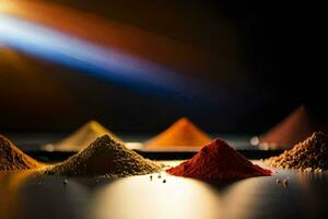a group of colorful powders on a table. AI-Generated photo