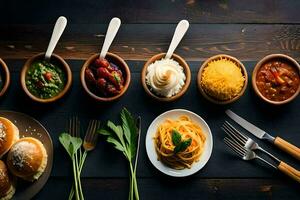a variety of food in bowls on a table. AI-Generated photo