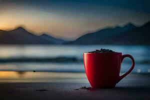 a red cup sits on the beach at sunset. AI-Generated photo