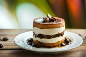 a dessert on a plate with coffee beans. AI-Generated photo