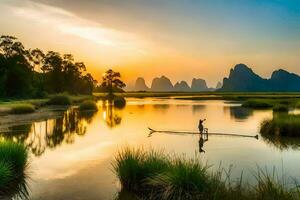 un hombre paletas un barco en el río a puesta de sol. generado por ai foto