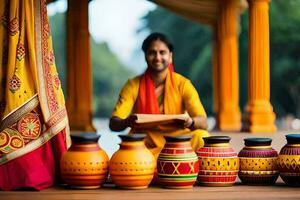 a woman in indian attire sits on a wooden platform with colorful pots. AI-Generated photo