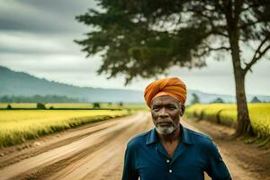 an african man in a turban walking down a dirt road. AI-Generated photo