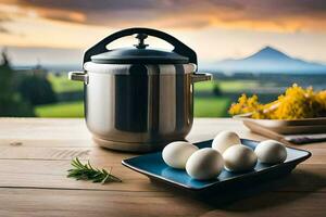 a stainless steel pressure cooker with eggs on a wooden table. AI-Generated photo