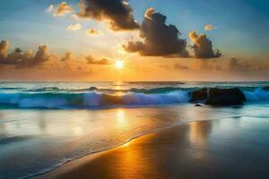 the sun rises over the ocean in this beautiful beach scene. AI-Generated photo