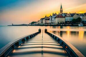 a long pier with a church in the background. AI-Generated photo