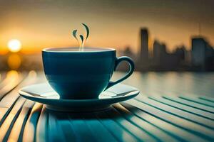 a cup of coffee on the table with a city in the background. AI-Generated photo