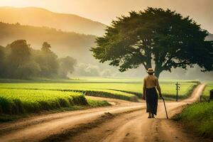 a man walking down a dirt road in the country. AI-Generated photo