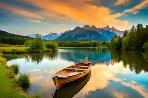 the boat is floating on the calm lake with mountains in the background. AI-Generated photo