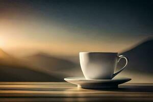 café taza en un mesa con montañas en el antecedentes. generado por ai foto