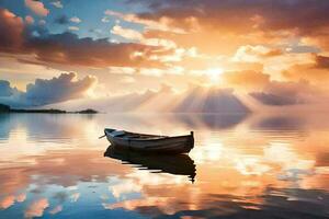 un barco es flotante en el agua a puesta de sol. generado por ai foto