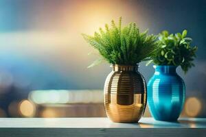 two vases with plants in them on a table. AI-Generated photo