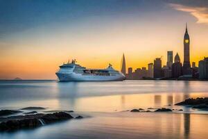 a cruise ship in the ocean at sunset. AI-Generated photo