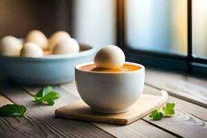 eggs in a cup on a table. AI-Generated photo