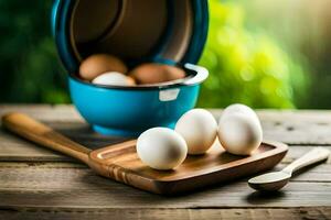 huevos en un de madera bandeja siguiente a un azul bol. generado por ai foto