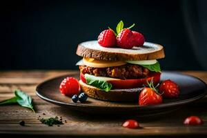 a sandwich with berries and tomatoes on a plate. AI-Generated photo