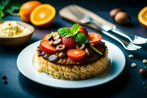 a plate with noodles, fruit and vegetables on it. AI-Generated photo