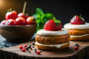 two mini cakes with cream and strawberries. AI-Generated photo