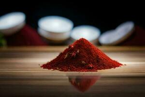 red chili powder on a wooden table. AI-Generated photo