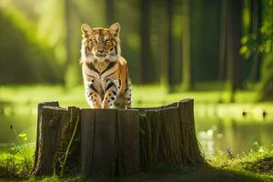 un Tigre en pie en un tocón en el bosque. generado por ai foto