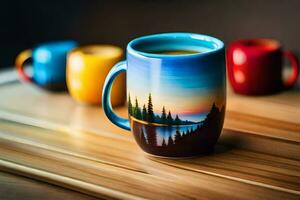 colorful coffee cups with a painting of a lake and trees. AI-Generated photo