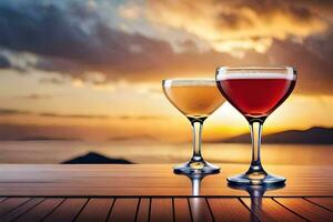 two glasses of wine on a table with sunset in the background. AI-Generated photo
