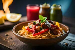 spaghetti with meat and vegetables in a bowl. AI-Generated photo