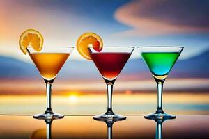 three different colored cocktails on a table. AI-Generated photo