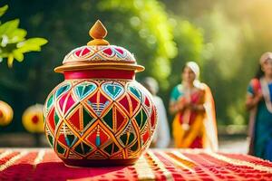 a colorful pot sitting on a table with people in the background. AI-Generated photo