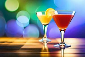 two cocktails on a table with a blurred background. AI-Generated photo